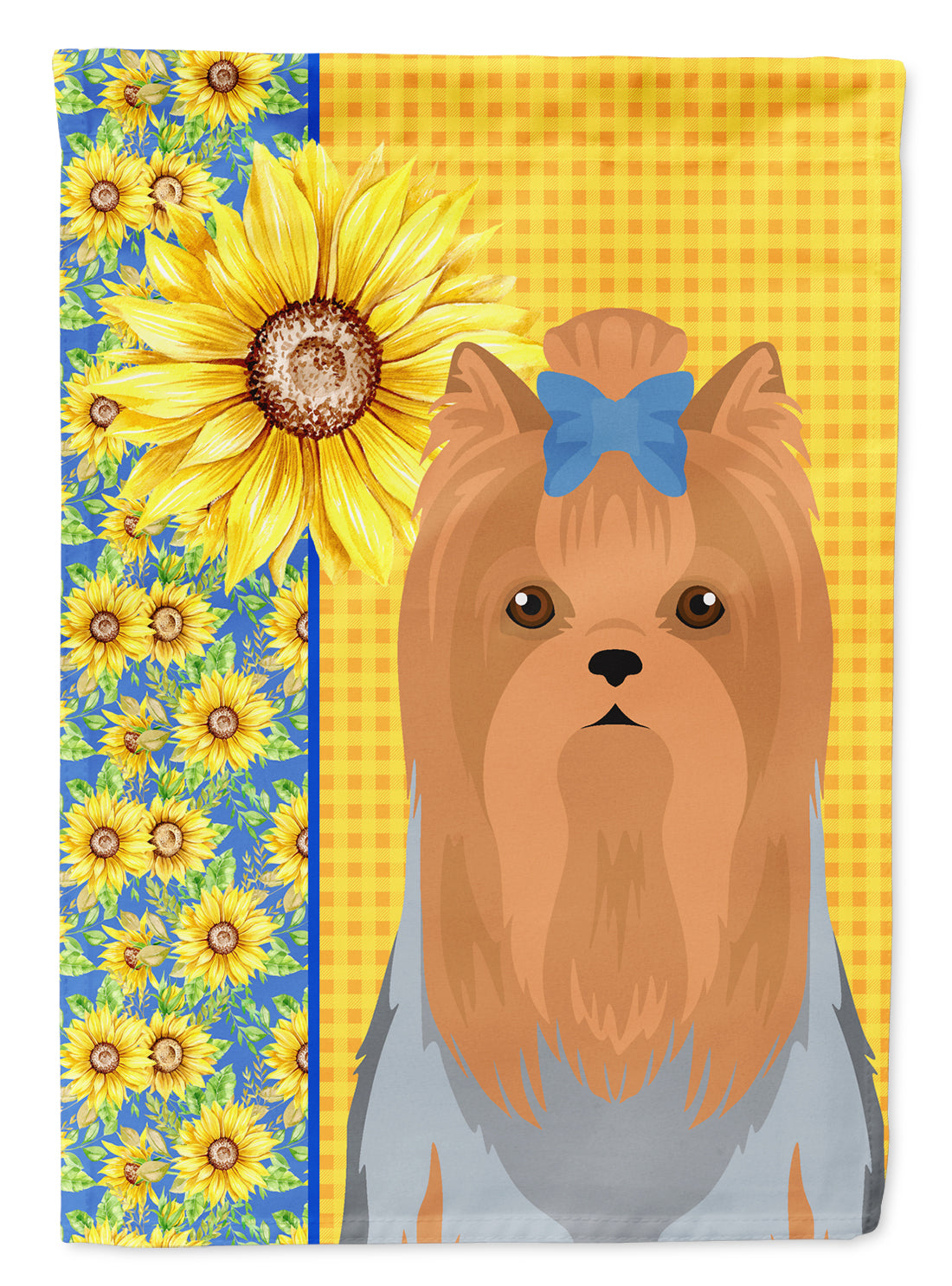 Summer Sunflowers Blue and Tan Full Coat Yorkshire Terrier Flag Garden Size  the-store.com.