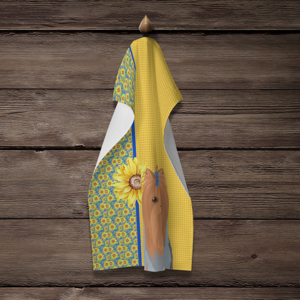 Summer Sunflowers Blue and Tan Full Coat Yorkshire Terrier Kitchen Towel - the-store.com