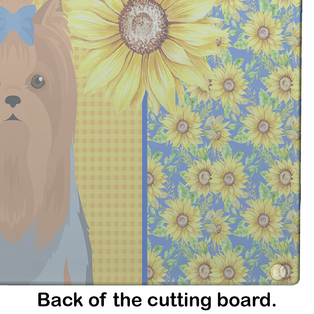 Summer Sunflowers Blue and Tan Full Coat Yorkshire Terrier Glass Cutting Board Large - the-store.com