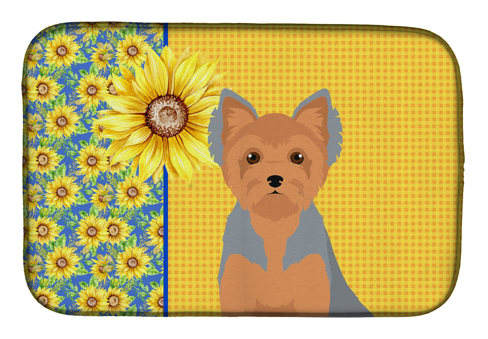 Summer Sunflowers Blue and Tan Puppy Cut Yorkshire Terrier Dish Drying Mat  the-store.com.