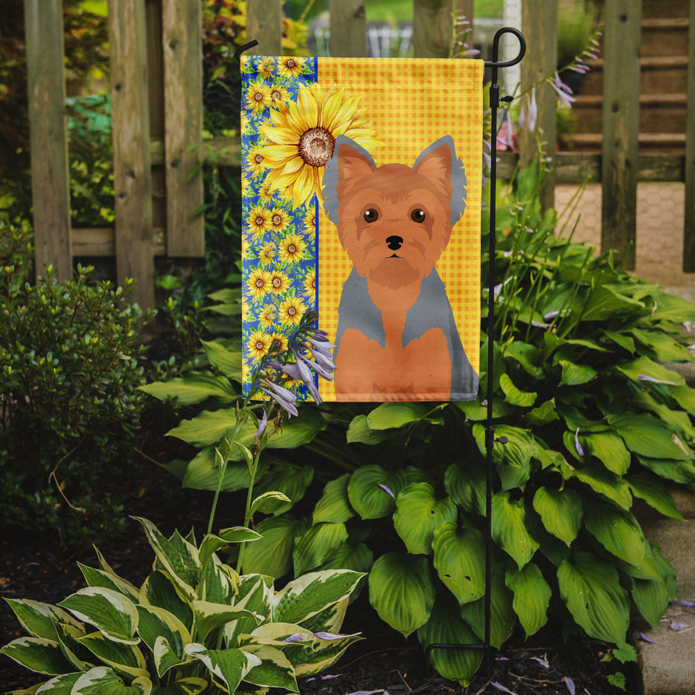 Summer Sunflowers Blue and Tan Puppy Cut Yorkshire Terrier Flag Garden Size  the-store.com.