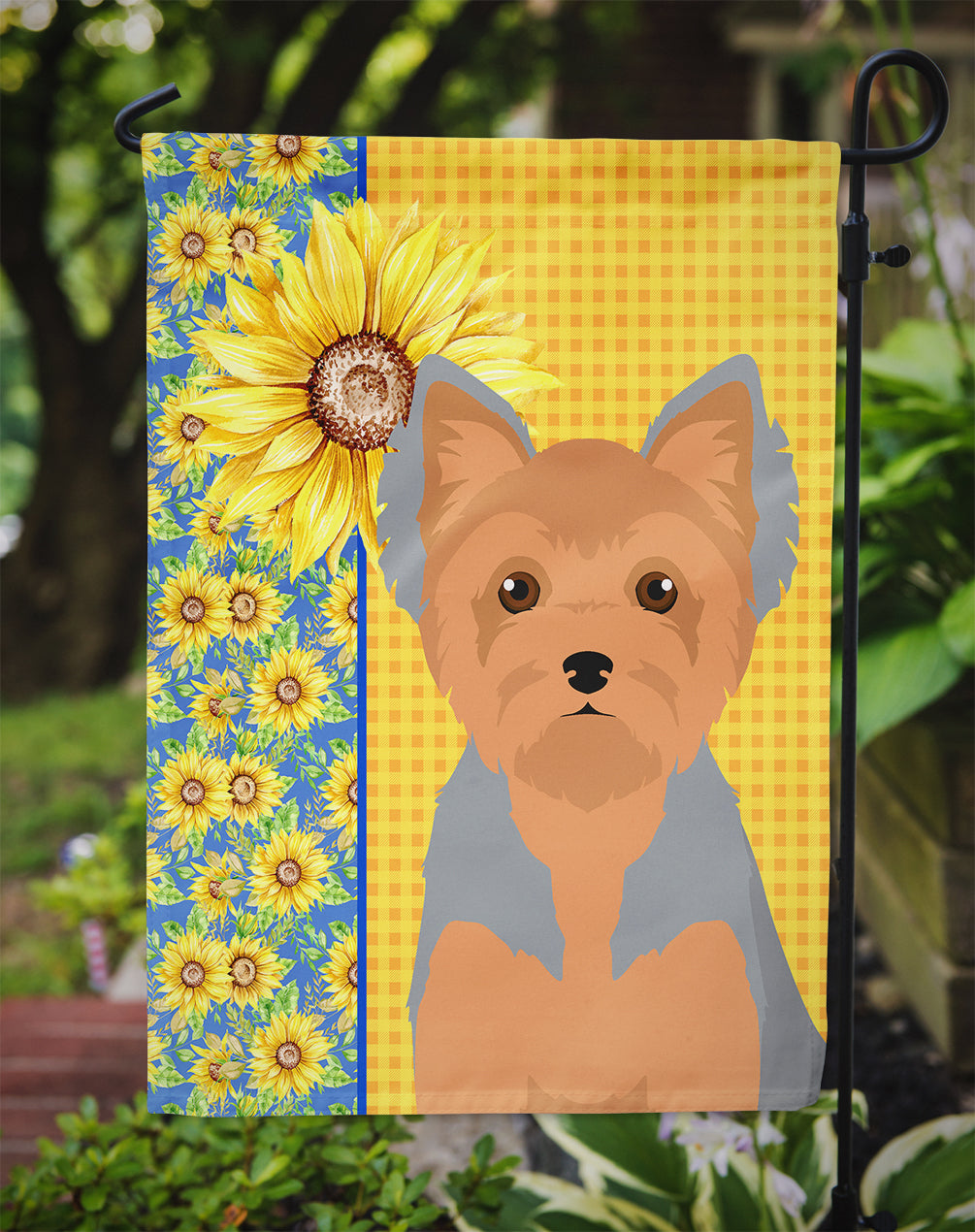 Summer Sunflowers Blue and Tan Puppy Cut Yorkshire Terrier Flag Garden Size  the-store.com.