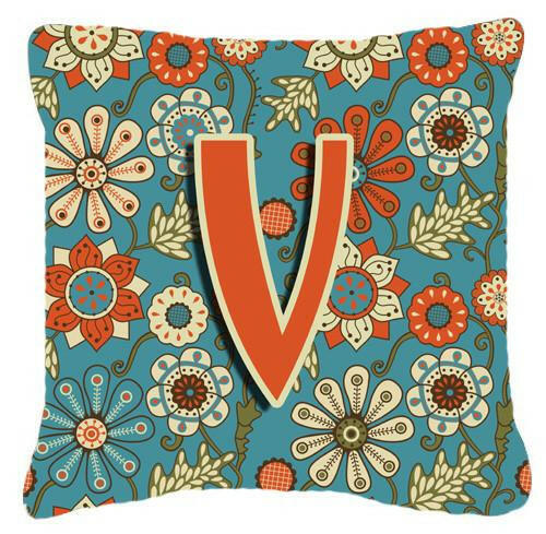 Letter V Flowers Retro Blue Canvas Fabric Decorative Pillow CJ2012-VPW1414 by Caroline's Treasures