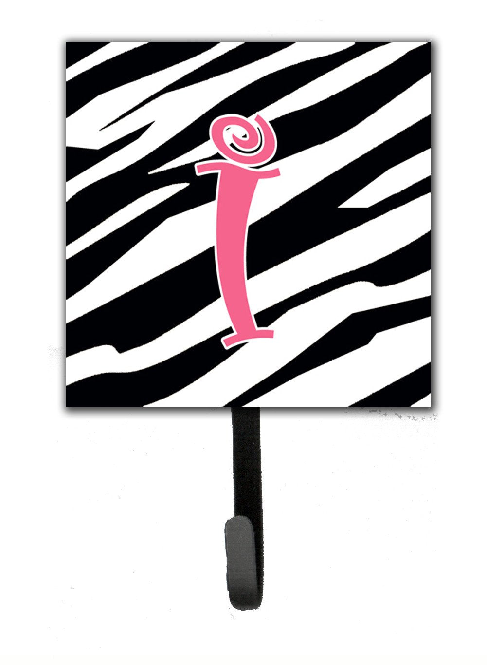 Letter I Initial Monogram - Zebra Stripe and Pink Leash Holder or Key Hook by Caroline's Treasures