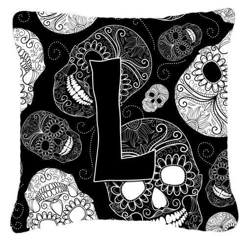 Letter L Day of the Dead Skulls Black Canvas Fabric Decorative Pillow CJ2008-LPW1414 by Caroline's Treasures