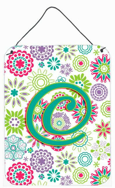 Letter C Flowers Pink Teal Green Initial Wall or Door Hanging Prints CJ2011-CDS1216 by Caroline's Treasures