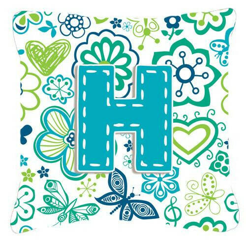 Letter H Flowers and Butterflies Teal Blue Canvas Fabric Decorative Pillow CJ2006-HPW1414 by Caroline&#39;s Treasures