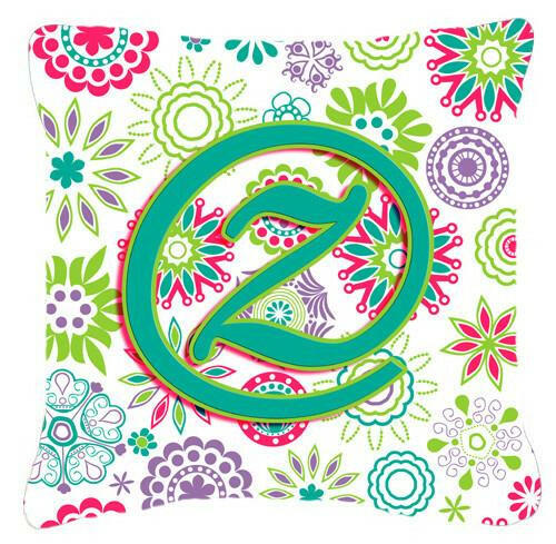 Letter Z Flowers Pink Teal Green Initial Canvas Fabric Decorative Pillow CJ2011-ZPW1414 by Caroline's Treasures