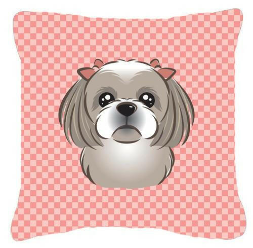 Checkerboard Pink Gray Silver Shih Tzu Canvas Fabric Decorative Pillow BB1250PW1414 - the-store.com