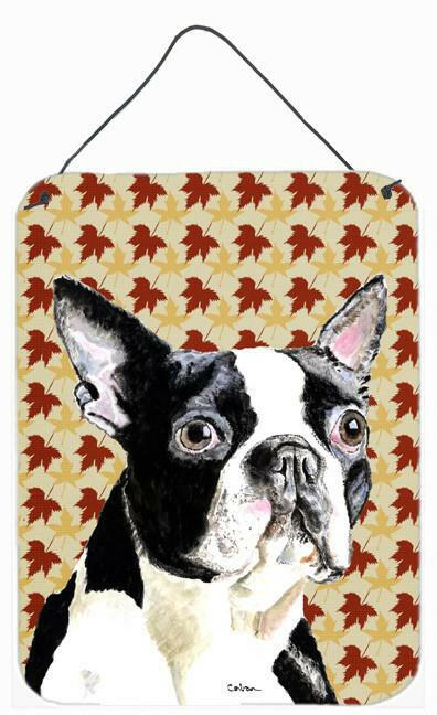 Boston Terrier Fall Leaves Portrait Aluminium Metal Wall or Door Hanging Prints by Caroline&#39;s Treasures