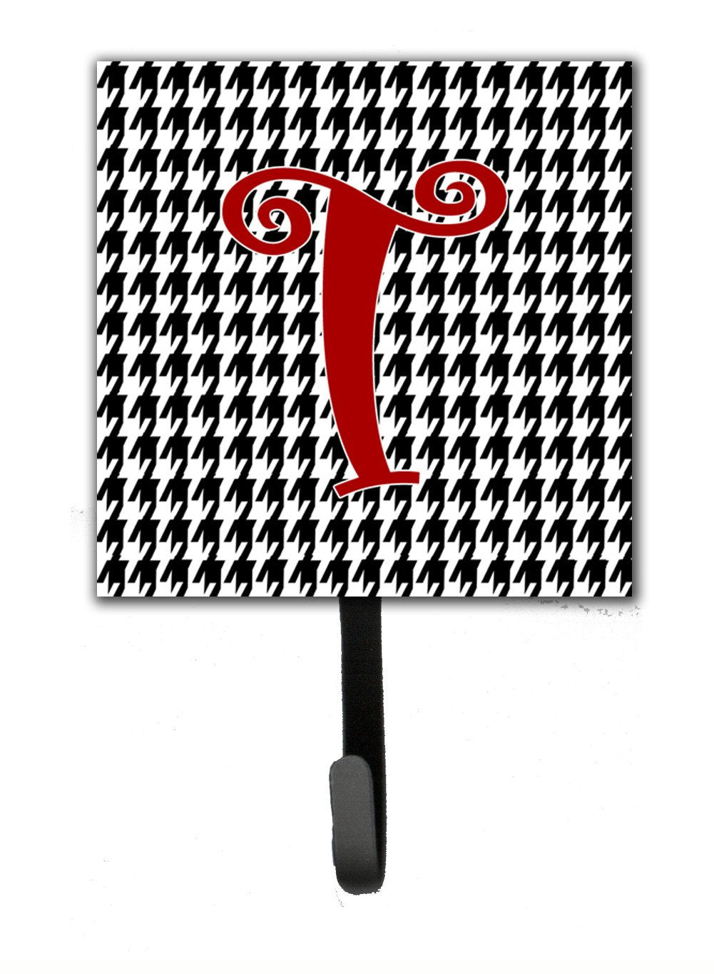 Letter T Initial Monogram - Houndstooth Black Leash Holder or Key Hook by Caroline's Treasures