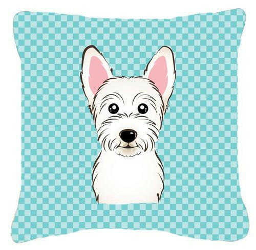 Checkerboard Blue Westie Canvas Fabric Decorative Pillow BB1164PW1414 - the-store.com